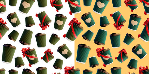 Coffee Seamless Patterns. Ripple Cups With Heart Images and Red Ribbons Isolated on a White and Yellow Background. 2 Versions.
