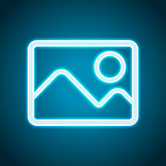 Picture with couple of mountains and sun. Simple linear icon. Neon style. Light decoration icon. Bright electric symbol