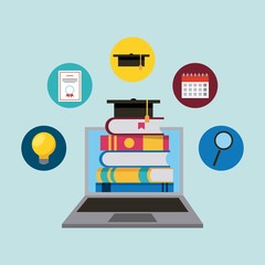 laptop with e-books graduation cap learning online education vector illustration