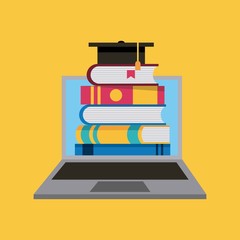 laptop stacked books graduation hat learning online education vector illustration