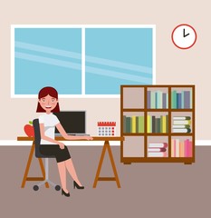 teacher woman desk pc and bookshelf books learning vector illustration