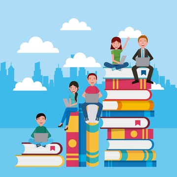 teacher and students sitting on stacked books learning vector illustration