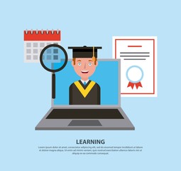 graduate student boy in laptop calendar learning vector illustration