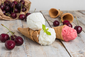 Traditional waffle cones for ice cream on wooden table.