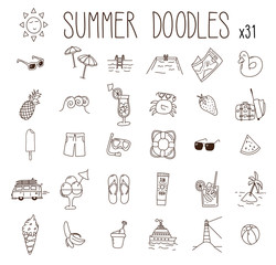 Set of 31 summer drawings. Vector doodle hand drawn icons. Beach, vacations, seasonal food and drinks and other summer illustrations © Pedro