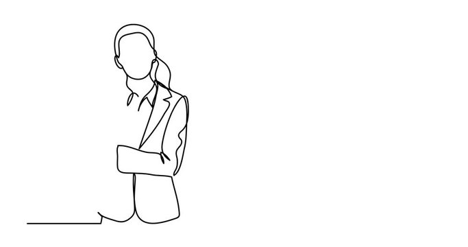 Self drawing animation of standing business woman pointing - continuous line drawing