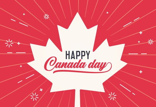 Happy Canada Day, first of july. Vector background illustration. Canadian flag colors and shapes. Retro style with calligraphic text and firework elements