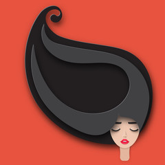 Vector portrait of young beautiful woman with long black  hair. Modern digital paper layered art. Origami style. Beauty and fashion concept