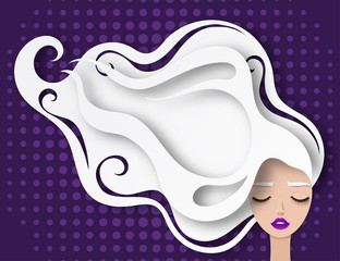 Vector portrait of young beautiful woman with long white hair. Modern digital paper layered art. Origami style. Beauty and fashion concept