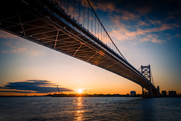 Ben Franklin bridge and Philadelphia rising at dawn.
