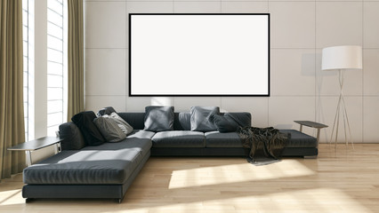 Modern bright interiors apartment with mockup poster frame 3D rendering illustration