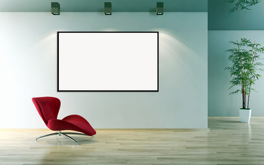 Modern bright interiors apartment with mockup poster frame 3D rendering illustration