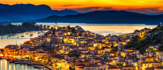 Greek town Poros at night, Greece