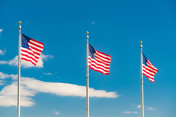 Flags of the United States waving over blue sky in Washington DC