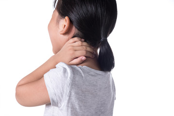 Cute little girl having neck pain, isolated on white