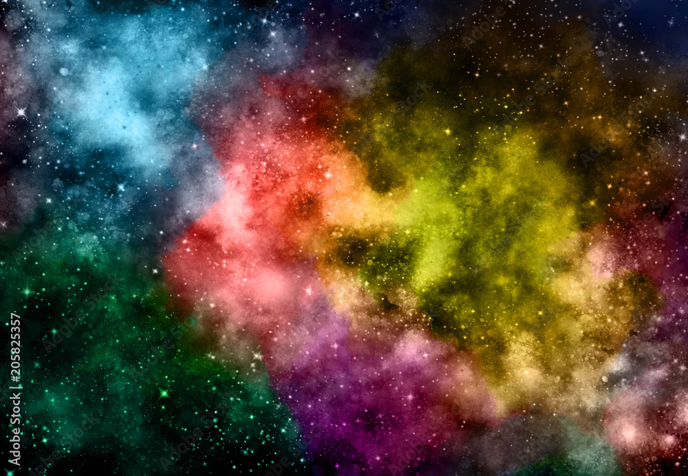 Wall mural star field in galaxy space with nebulae, abstract watercolor digital art painting for texture backgr