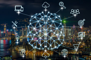 Polygonal brain shape of an artificial intelligence with various icon of smart city Internet of Things Technology over businessman using mobile with cityscape background, AI and business IOT concept