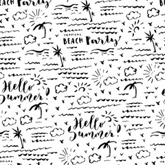 Hand drawn summer seamless pattern with palm rees, sea, clouds and birds. Hello Summer Beach Party brush hand lettering