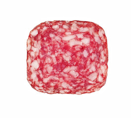 .Slices of salami. Isolated on a white background. sausage cut.