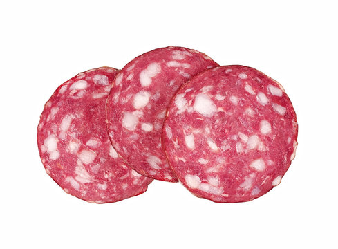 .Slices of salami. Isolated on a white background. sausage cut.