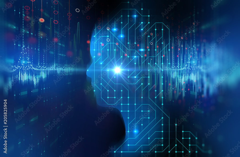 Poster silhouette of virtual human on circuit pattern technology 3d illustration