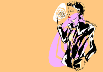 sexy fashion model  icon in black leather suit and spiral background in pale pastel color