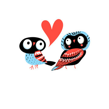 Bright greeting card with owls in love