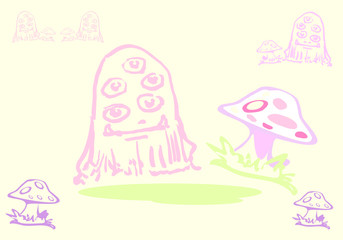 lovely big eye monster and mushroom in pale pastel color tone