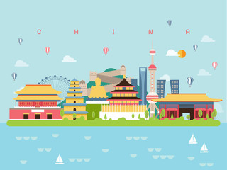 China Famous Landmarks Infographic Templates for Traveling Minimal Style and Icon, Symbol Set Vector Illustration Can be use for Poster Travel book, Postcard, Billboard.
