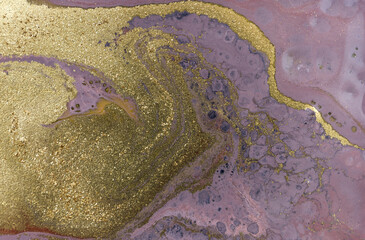Marble abstract acrylic background. Purple marbling artwork texture. Agate ripple pattern. Gold powder.