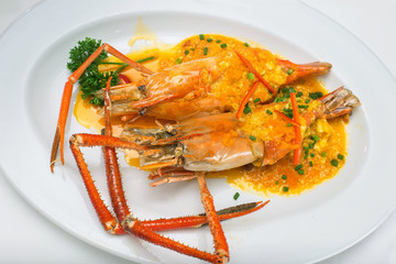 Stir fried giant freshwater prawn curry (Thai cuisine)