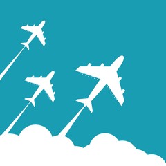 Plane fly on blue cloud sky background with blank area for your text. Stock flat vector illustration.