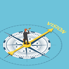 Isometric businessman with spyglass telescope on compass that point to vision word © Jiw Ingka