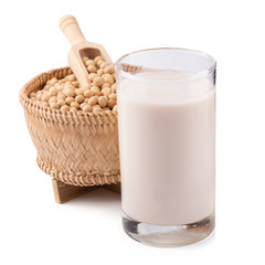 Soy milk and soybean isolated on a white background