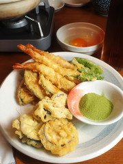 Japanese cuisine - deep Fried shrimps,vegetables and mushrooms     