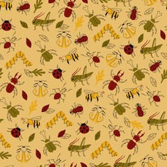 Seamless Vector Pattern with Bugs, Moth, Fly, Ant and Bee.