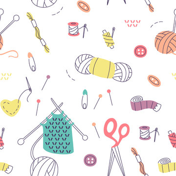Pattern with Knitting and Sewing Tools. Vector Doodle Elements.