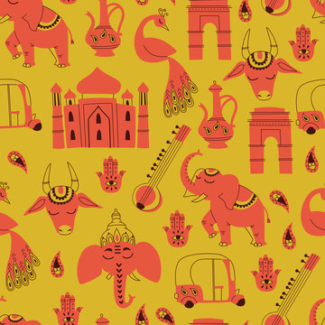 Seamless Pattern with Indian Elements. Hand Drawn Vector.