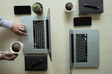 Overhead View top view man Working Desk Concept