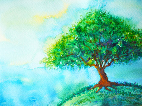 big green tree color on earth planet watercolor painting blue sky light background illustration design hand drawn