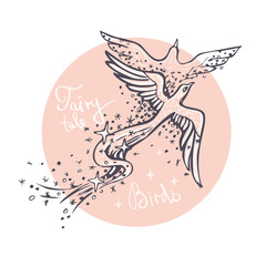 Two fairy-tale birds in love dance in the sky. Flight of soul