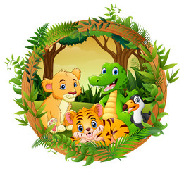 Happy animals in frame forest