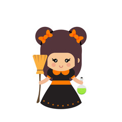 cartoon cute witch with bow and magic potion and broom