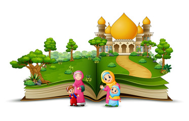 Open book with group of Happy Muslim Woman and her children in the front of a mosque