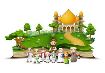 Happy Muslim Family in front the mosque of an opened book