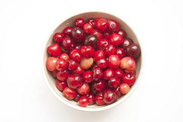 Cherries. Cherry. Cherries in bowl and kitchen napkin. Red cherry. Fresh cherries. Cherry on white background. healthy food concept