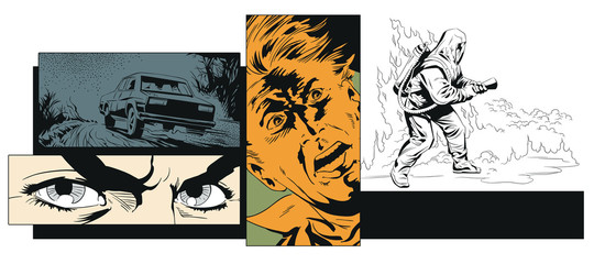 Collage on theme car accident. Rescuer in protective suit.