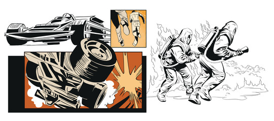 Collage on theme car accident. Rescuer in protective suit.
