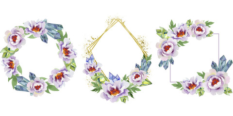 Gently pink peonies. Floral botanical flower.Frame border ornament square. Aquarelle wildflower for background, texture, wrapper pattern, frame or border.