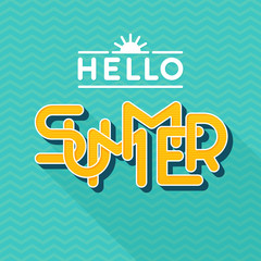 Hello summer lettering. Flat style design. Letters with long shadow. Vector illustration. Template for banner, poster, flyer, card, postcard, cover, brochure.